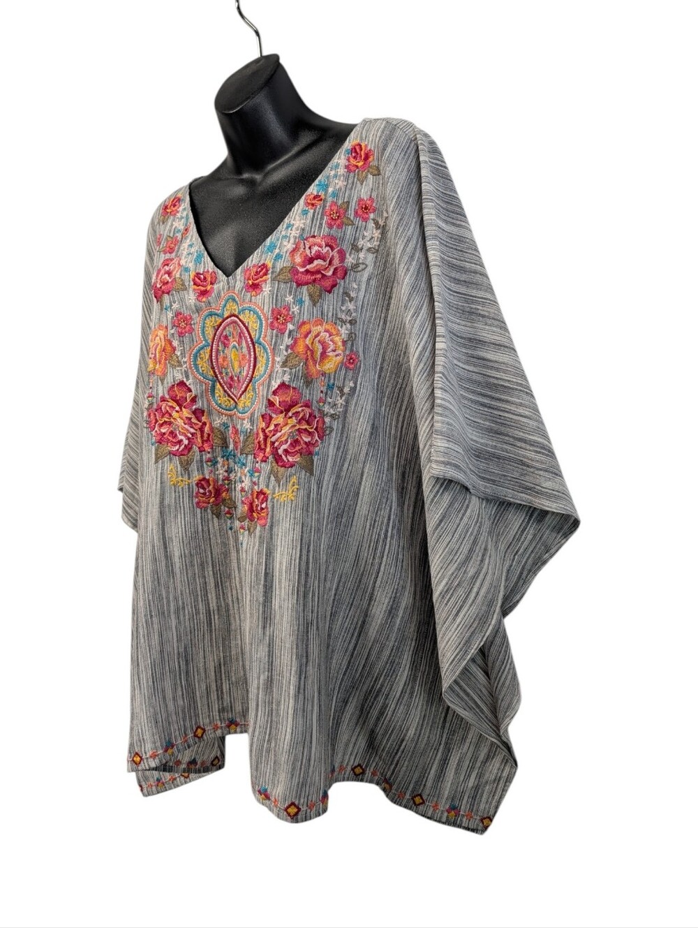 Savanna Jane Embroidered Floral Striped Poncho Top Boho V-Neck 1X/2X - Picture 3 of 10